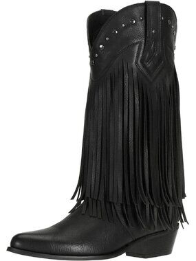 Women's Cowgirl Boots Block Heel Black Western Shoes Fringe 1.77" Heeled Boots
